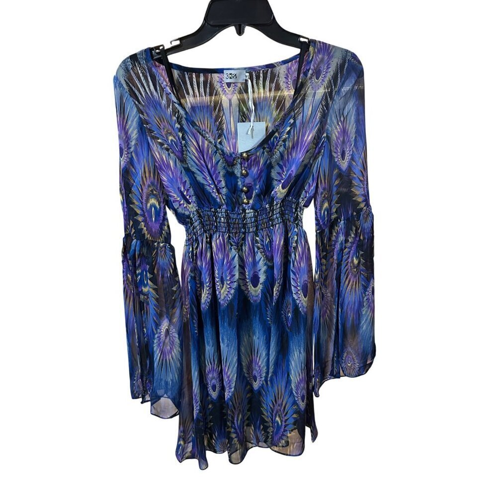 Three Eighty Two Bohemian Peacock Feather Size S Sheer Dress Bell Sleeves $192 - Picture 2 of 9